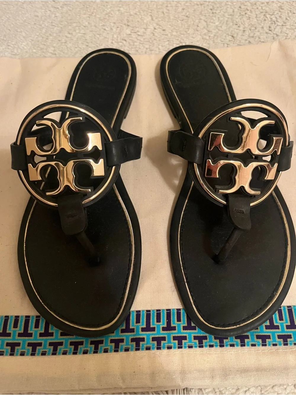 Tory Burch Black Sandals with Gold Logo Medallions